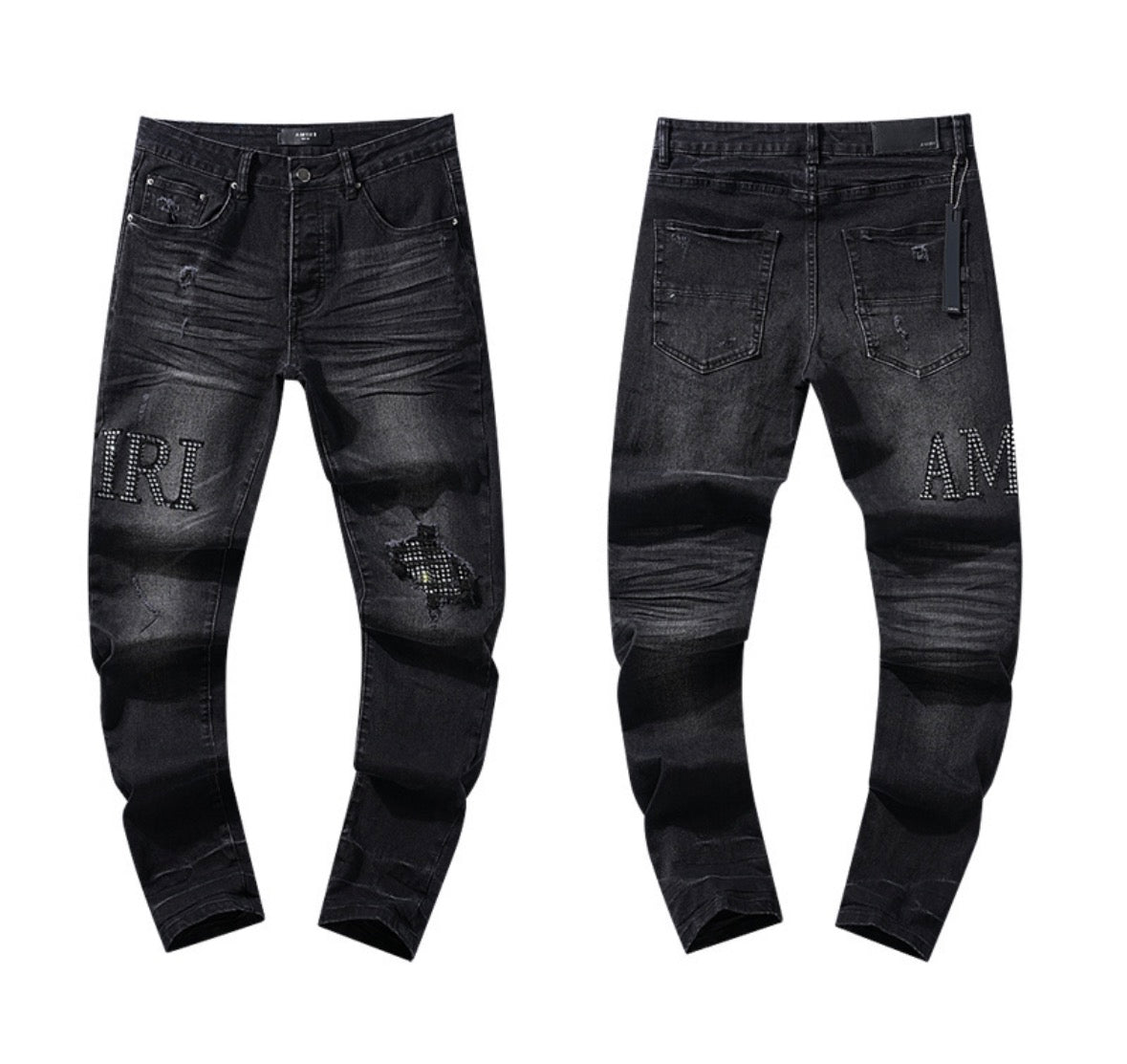 AMIRI Black Crystal Distressed Skinny Jeans