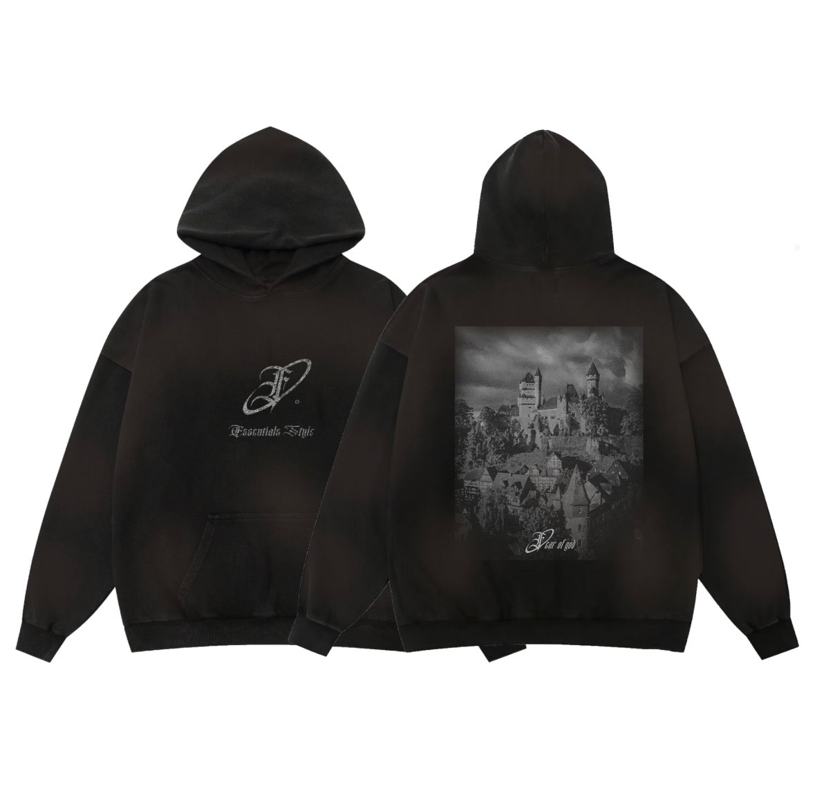 Fear of God Essentials “Monochrome Castle” Graphic Hoodie (Front Script + Back Print, Oversized Fit)