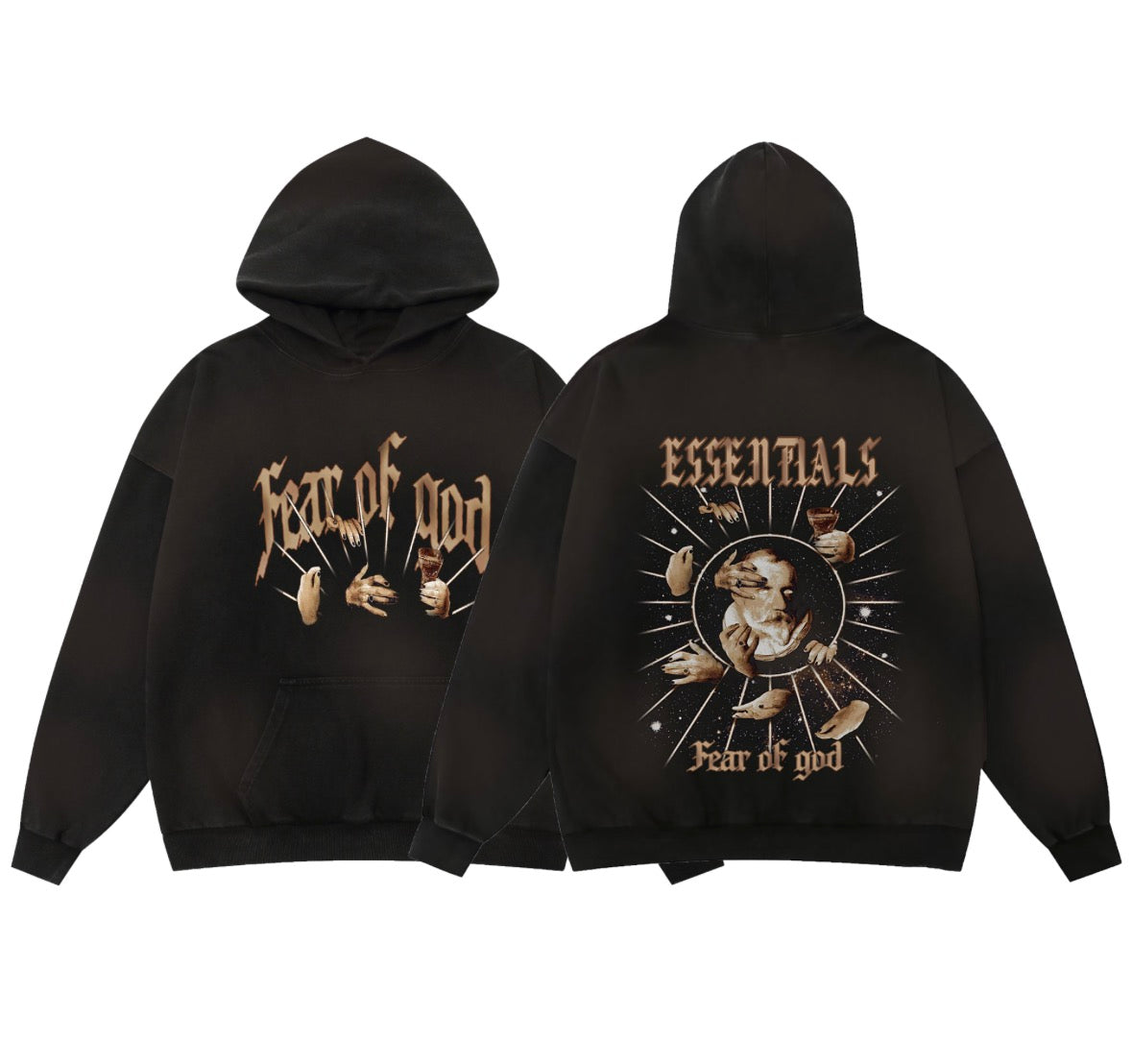 Fear of God Essentials “Divine Hands” Graphic Hoodie (Front & Back Print, Oversized Fit)