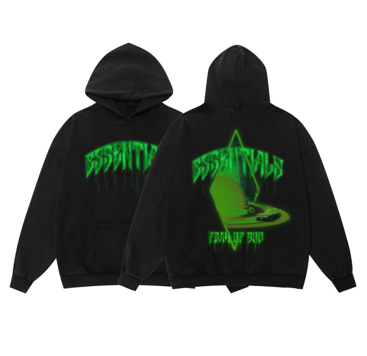 Fear of God Essentials “Neon Drip” Graphic Hoodie (Front & Back Print, Oversized Fit)