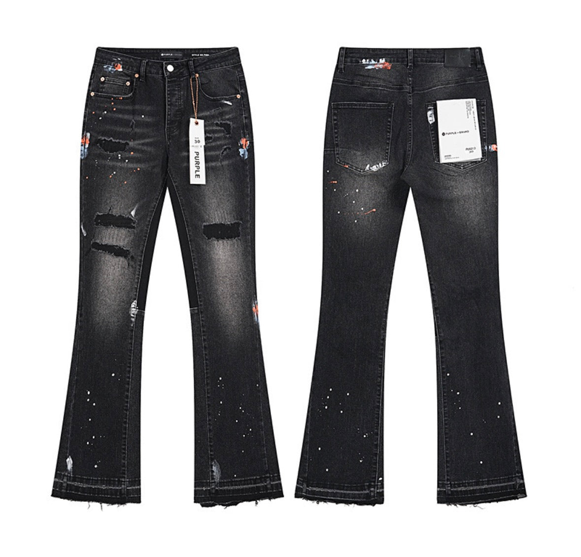 PURPLE Brand Distressed Paint Flare Denim