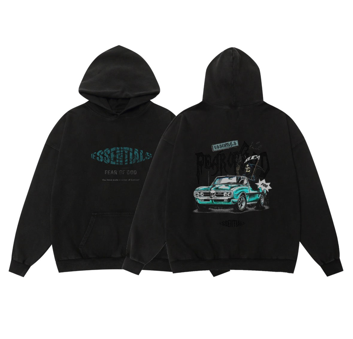 Fear of God Essentials “Midnight Rider” Graphic Hoodie (Front & Back Print, Oversized Fit)
