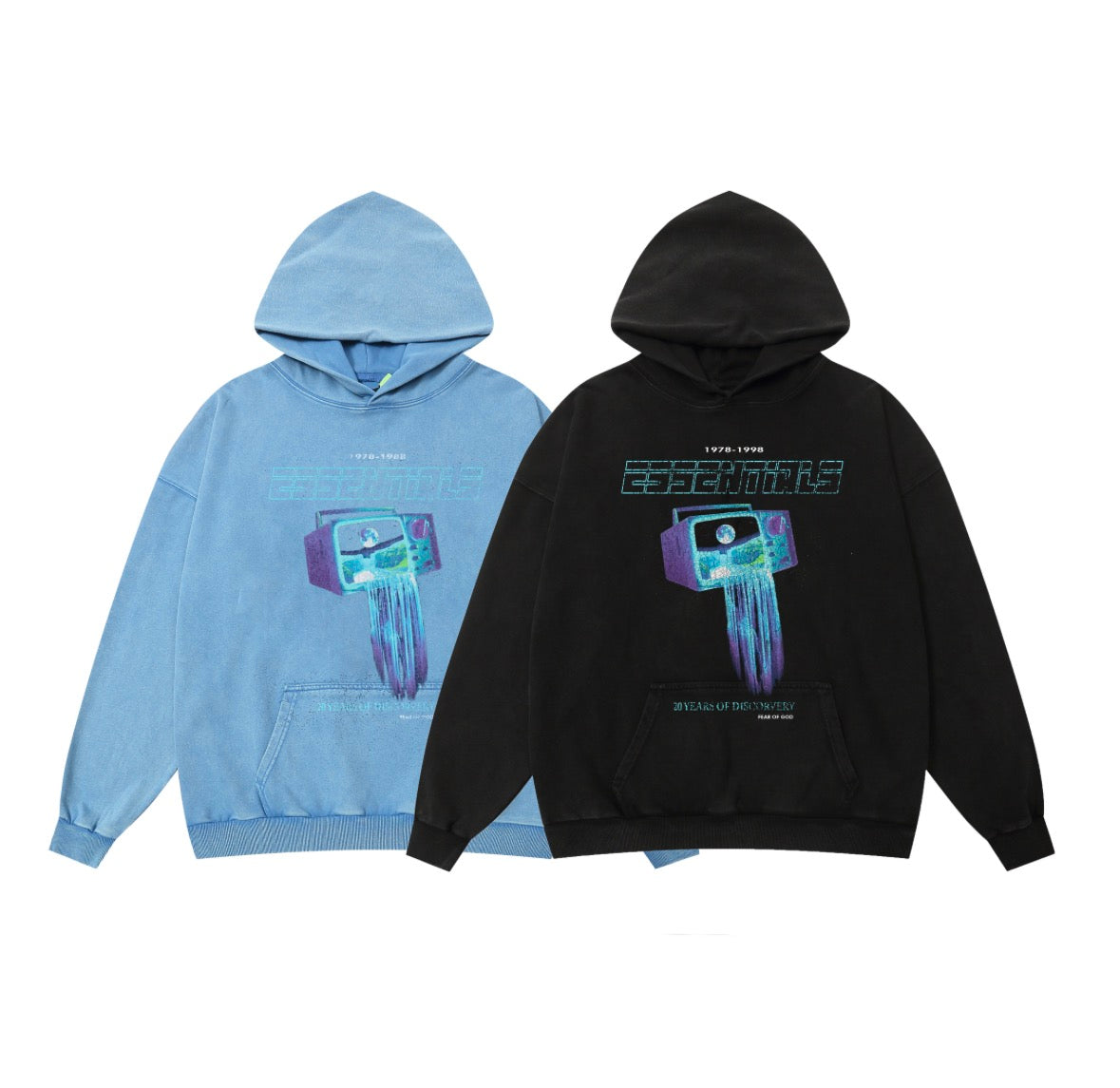 Fear of God Essentials “20 Years of Discovery” Graphic Hoodie (Retro Tech Print, Oversized Fit)