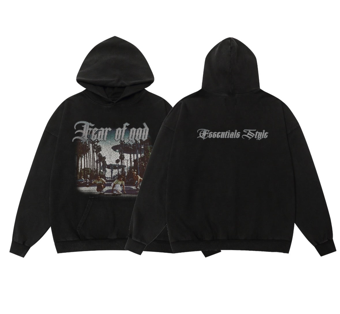 Fear of God Essentials “Garden Scene” Graphic Hoodie (Front Graphic + Back Script, Oversized Fit)